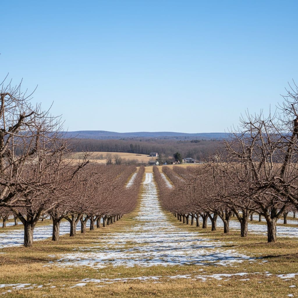 Rows of dormant apple trees in a US orchard during late winter, branches bare against a clear sky.