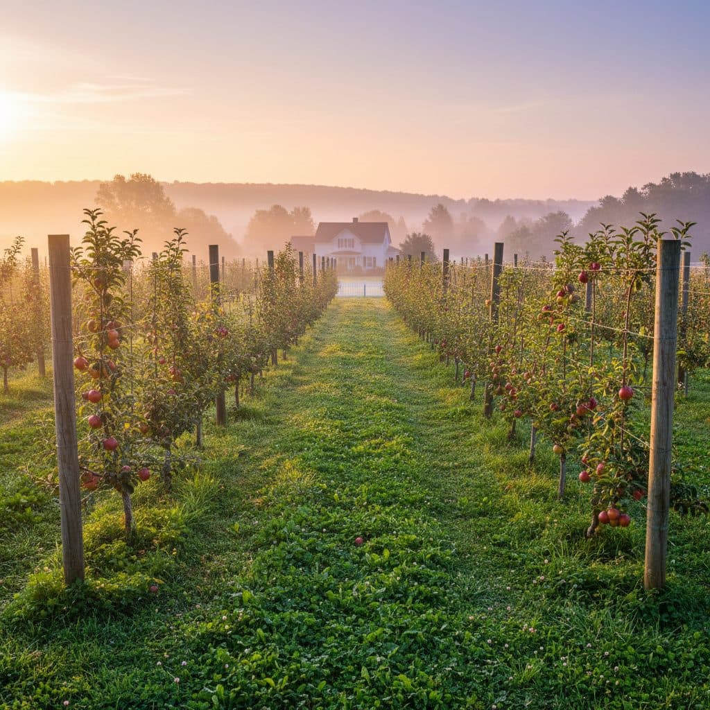 Neatly trellised fruit trees on dwarfing rootstocks in a small home orchard at sunrise.