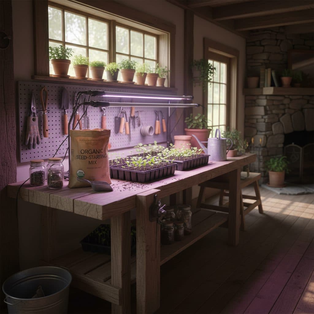 A home seed-starting setup with trays of young seedlings, grow lights, and gardening tools on a wooden workbench.