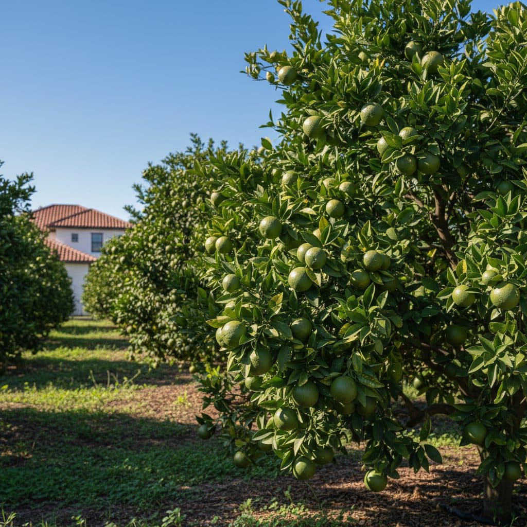 Home citrus orchard in Florida with orange trees, some leaves showing early signs of blotchy mottle.
