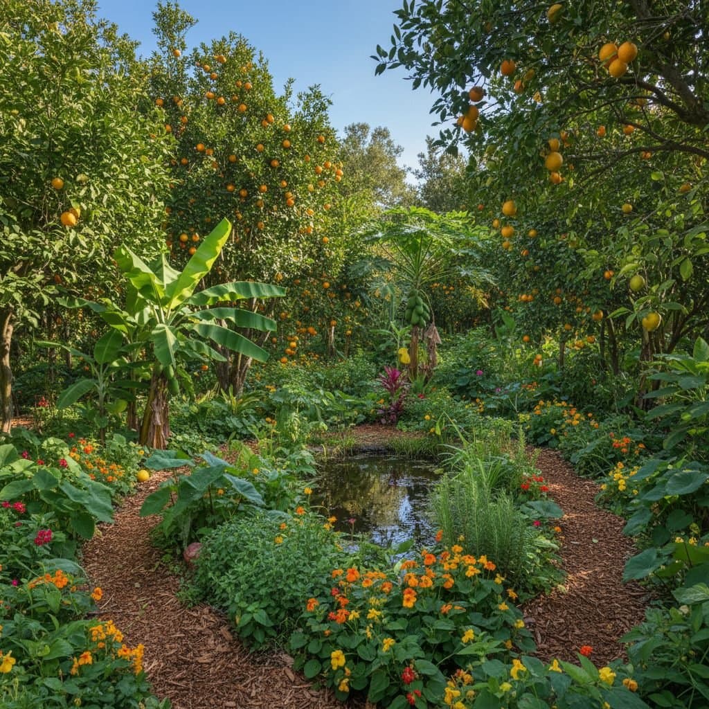 An abundant citrus food forest in Florida, with orange, lemon, and grapefruit trees surrounded by lush companion plants and groundcover.
