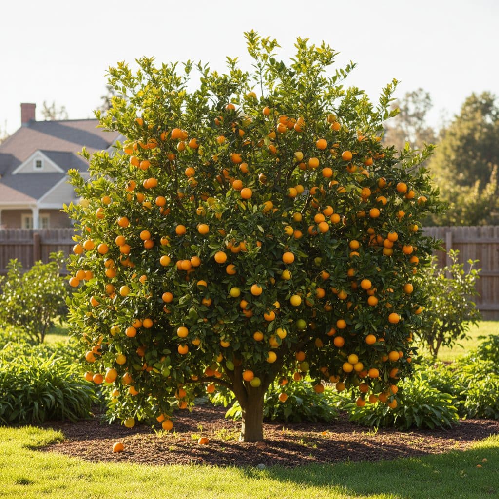 A healthy citrus tree with dark green leaves and abundant ripe fruit in a sunny orchard.