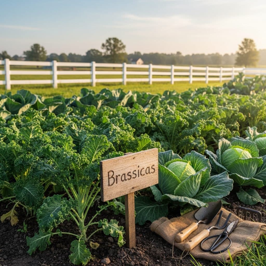 A well-maintained US homestead garden bed with vibrant green brassica plants, suggesting health and careful cultivation.