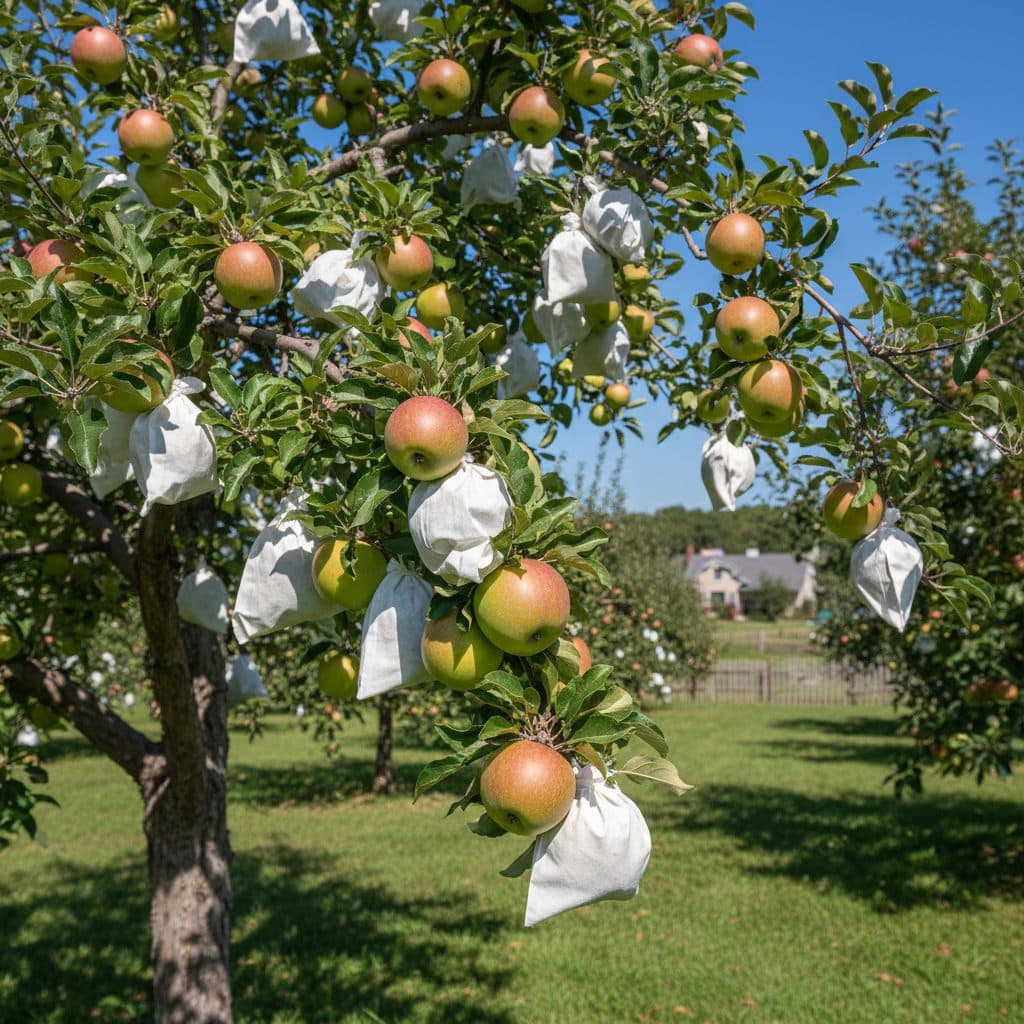 A backyard apple tree with young, developing fruit, some covered in protective bags, against a blue sky.