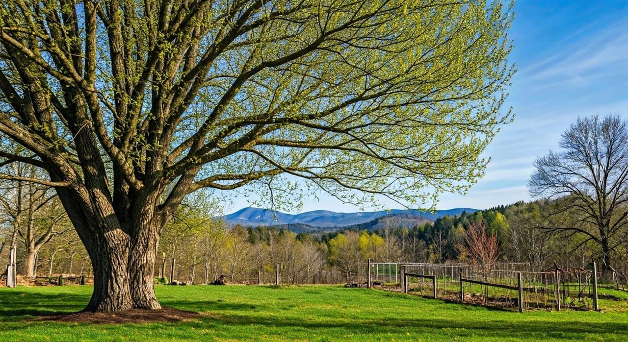 A mature black locust tree with emerging spring leaves in a cold US climate homestead garden, with a vegetable patch and distant mountains.
