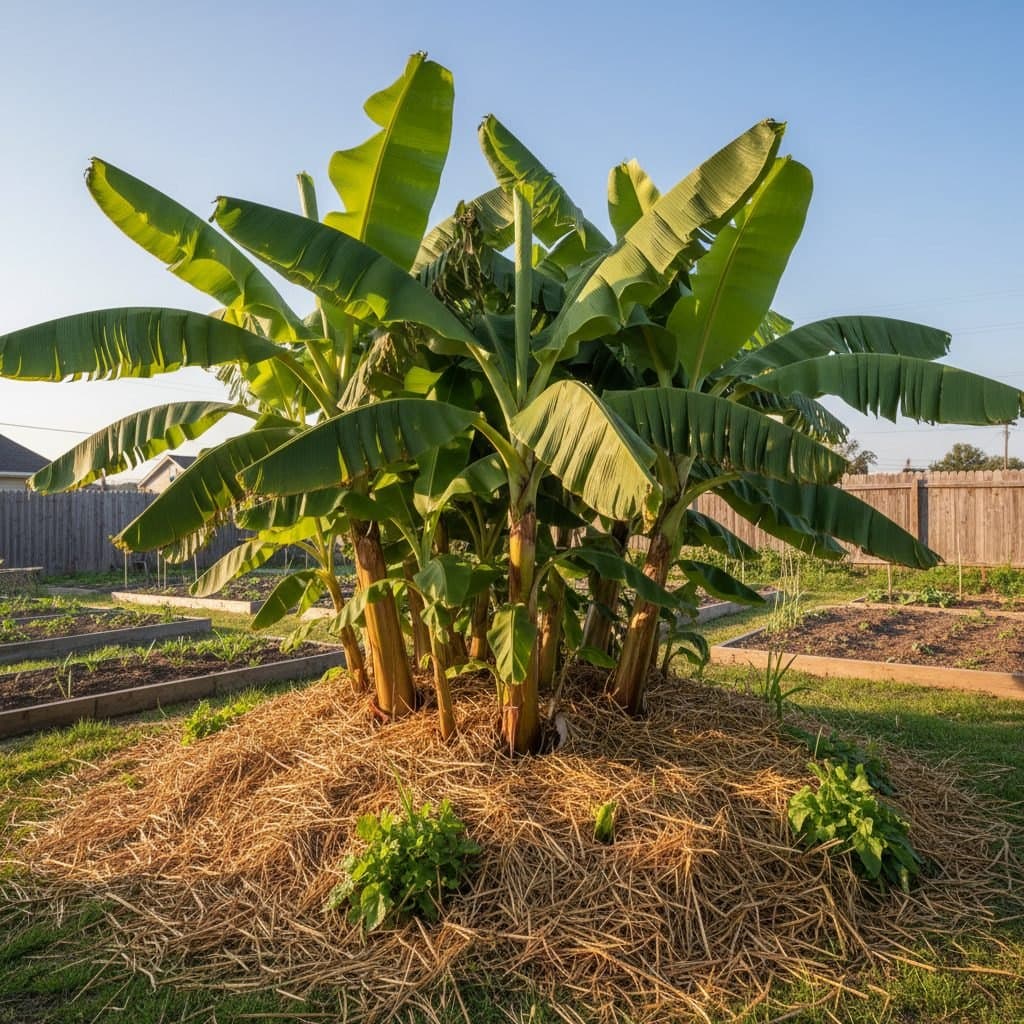 Cold-hardy Musa basjoo banana plants with new growth emerging through straw mulch in a temperate permaculture garden.