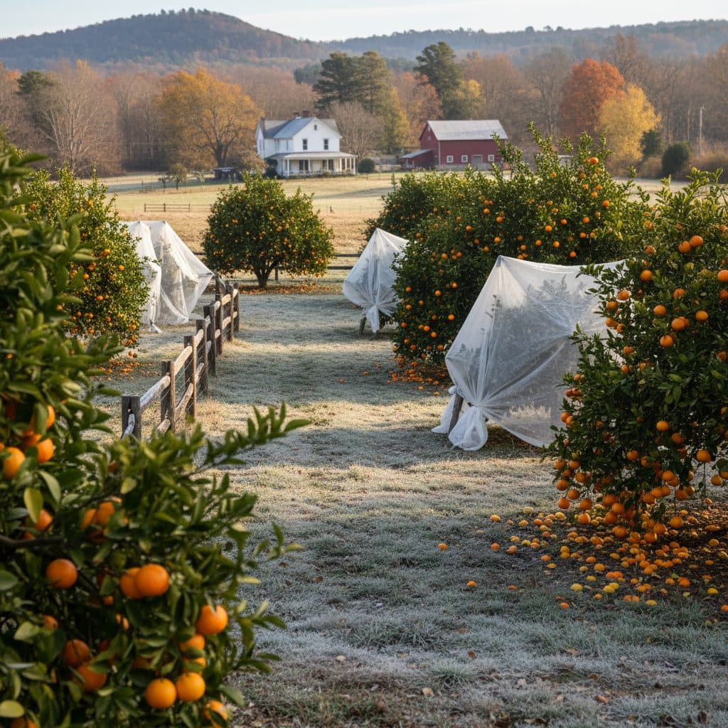A small, well-maintained citrus orchard on a US homestead in late autumn, with some trees covered in frost cloth, and others with ripe fruit visible, suggesting cold-hardy varieties.