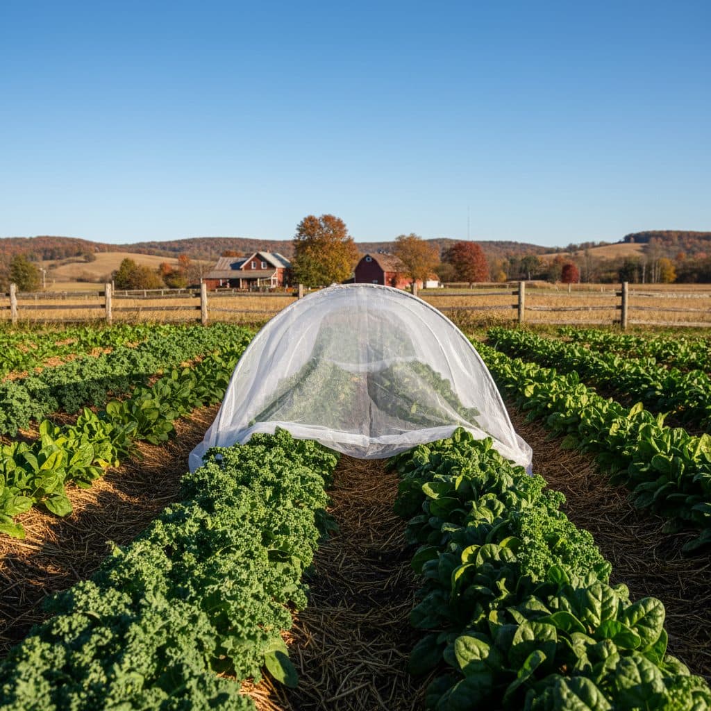 A fall garden bed with cold-hardy vegetables and a row cover.