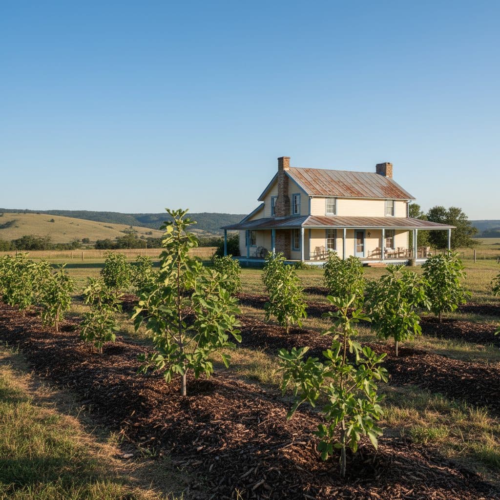A small home orchard with young fig and pomegranate trees, mulched and thriving on a US homestead.