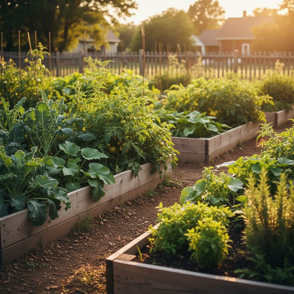 A thriving organic potato patch on a US homestead, with healthy green plants under a clear sky.