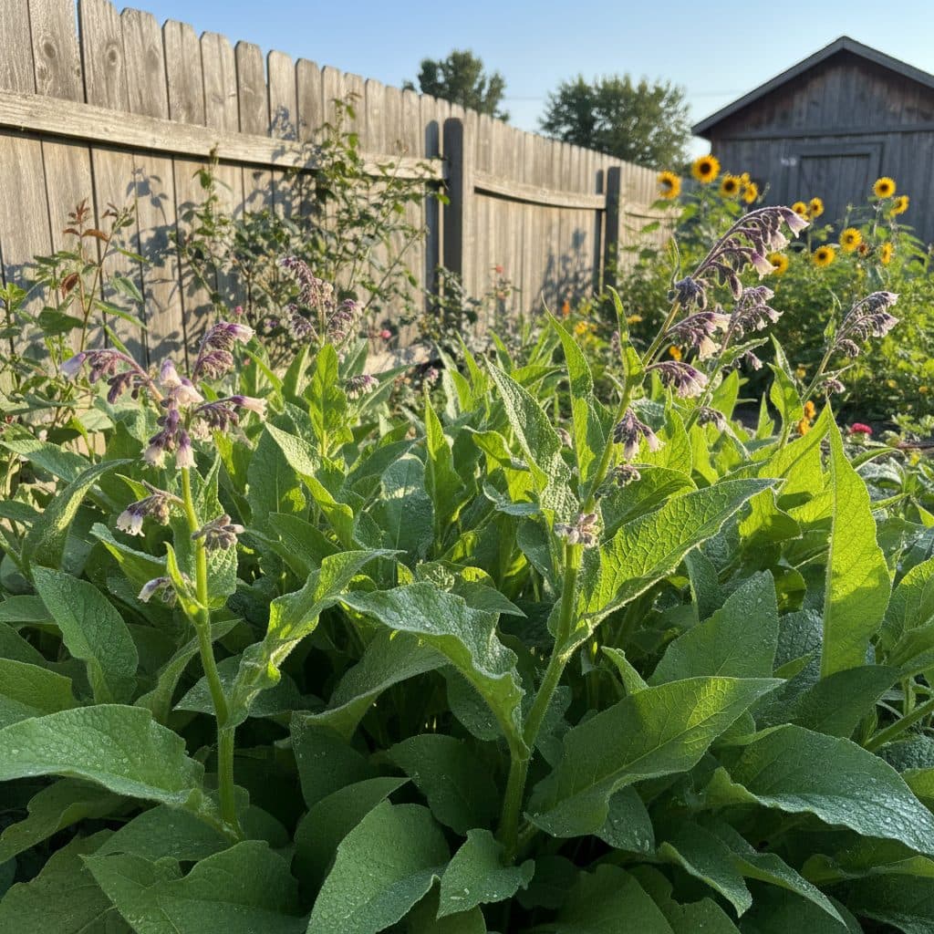 A vibrant patch of comfrey 'Bocking 14' growing vigorously in a home garden, ready for harvest.