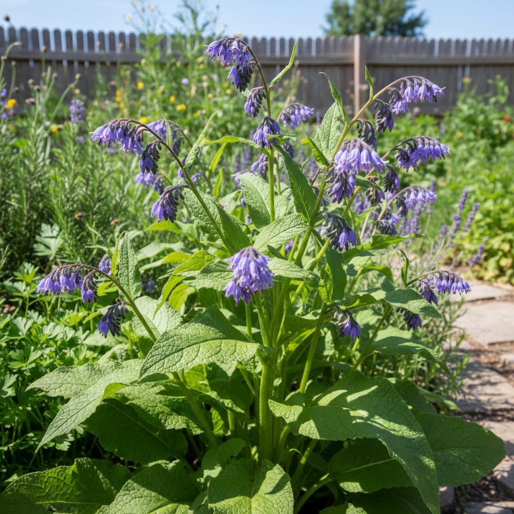 A large, healthy comfrey plant with broad green leaves growing in a sunny garden bed, ready for propagation.