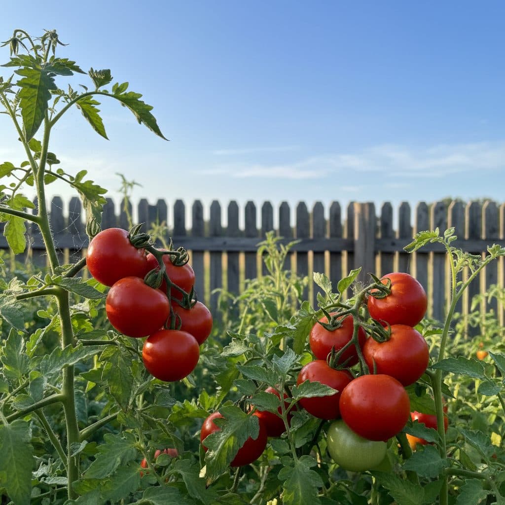 A lush tomato garden on a US homestead with vibrant red tomatoes on the vine, glistening with morning dew.
