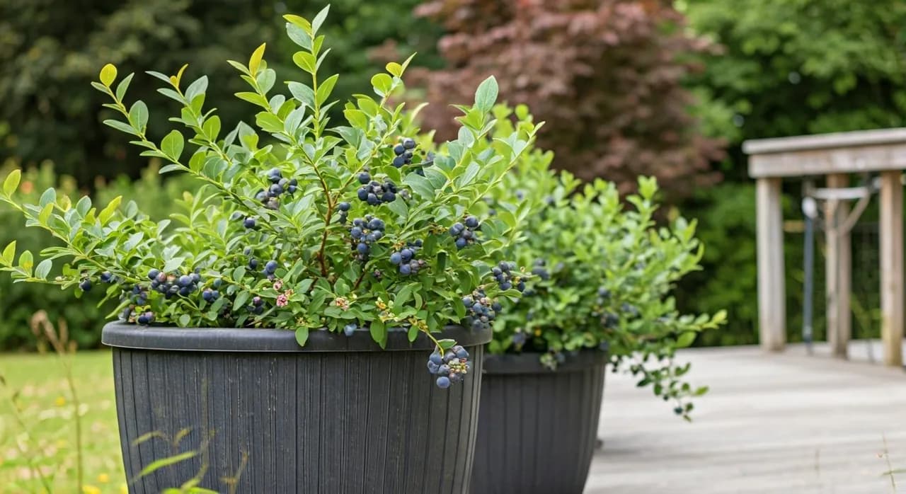 Blueberry bushes in large containers on a sunny US homestead patio, demonstrating successful container gardening.