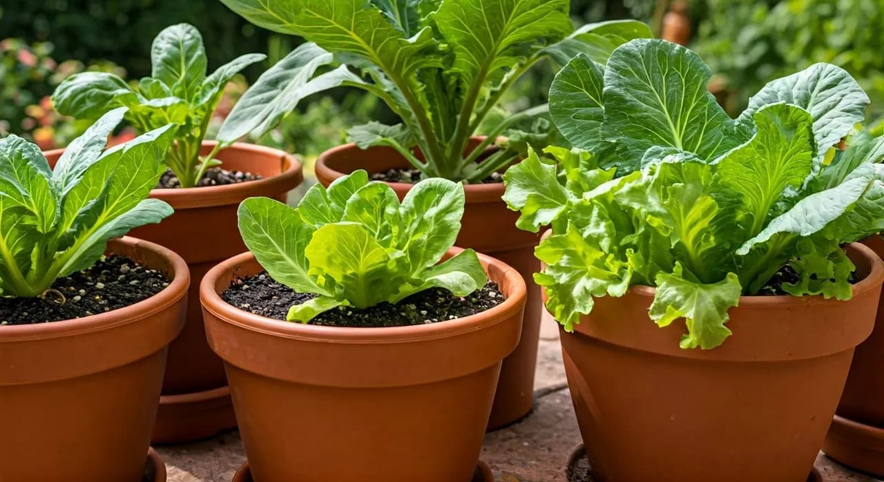 A vibrant container garden on a sunny patio, with tomatoes, peppers, and herbs growing in various pots, some showing clear drainage.