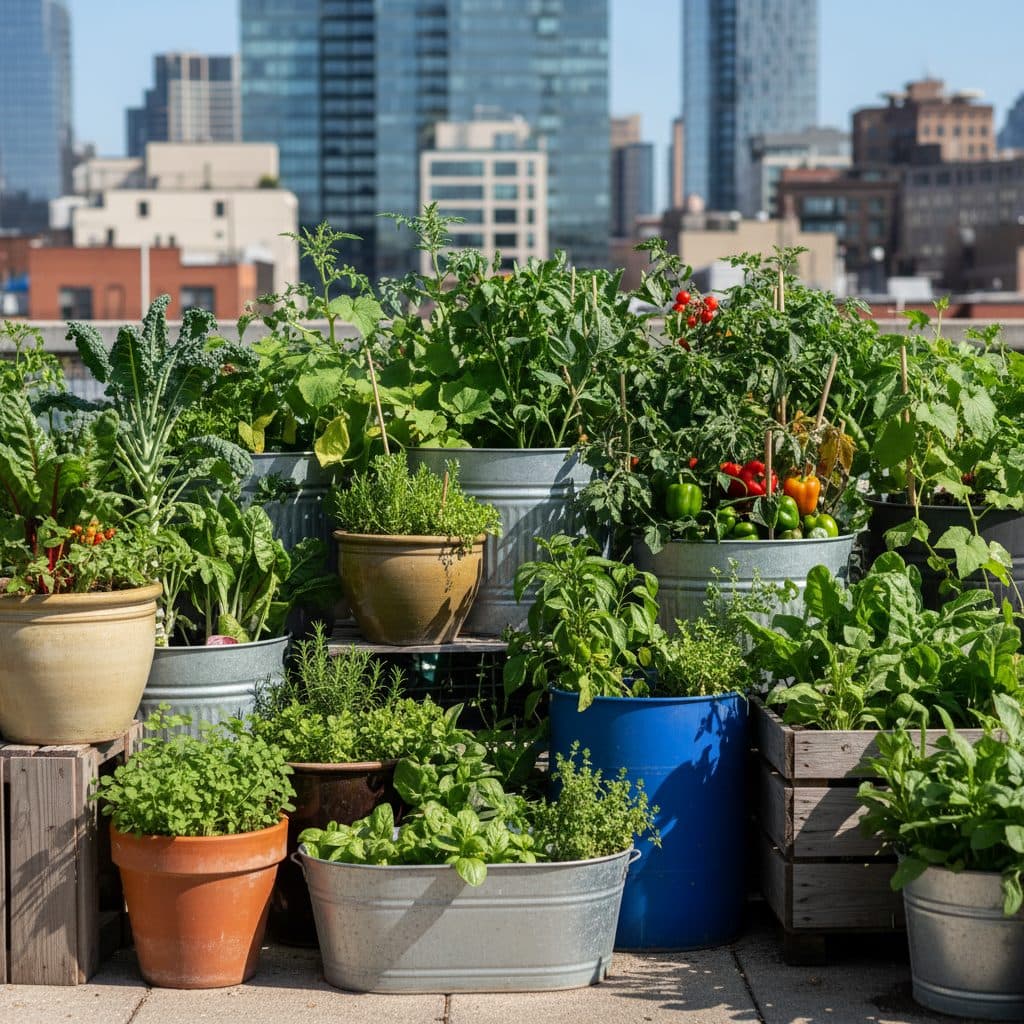 A diverse container garden on an urban rooftop, showing healthy cool-season and warm-season vegetables.