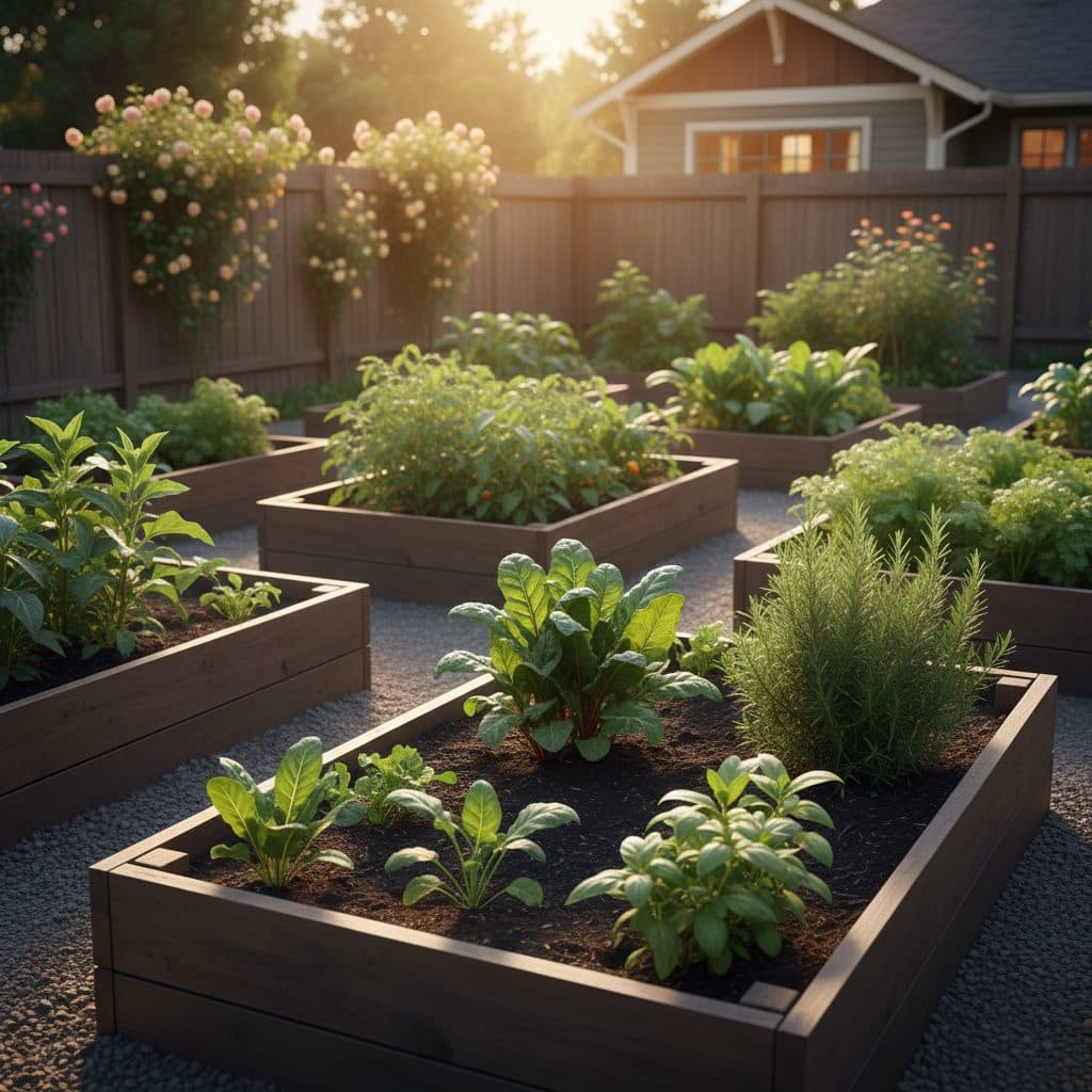 A sunny balcony garden with several large containers, some with small cucumber plants climbing a trellis, and others with herbs and flowers. The background shows a distant city skyline under a clear b