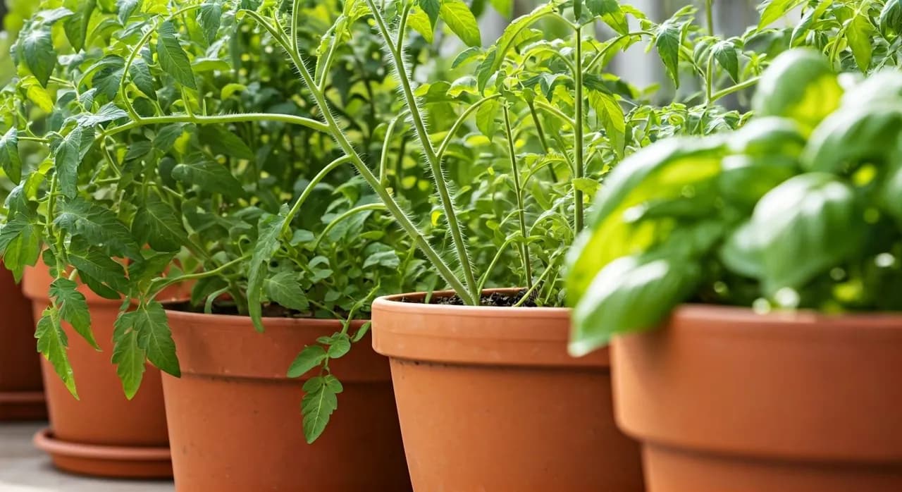 A vibrant container garden on a patio with healthy tomato plants, peppers, and herbs in various pots, basking in the sun.