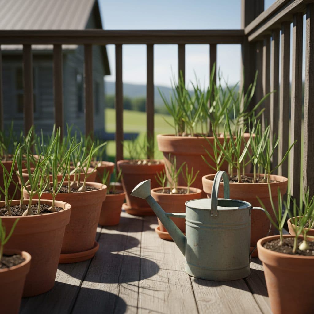 Container garden on a sunny balcony with garlic and shallot plants in terracotta pots.