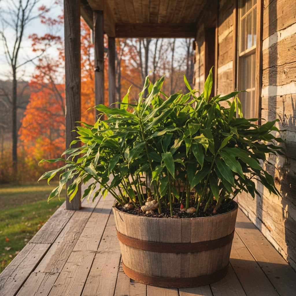 Lush green ginger plants growing in a large container on a sunny porch of a rustic farmhouse, with hints of autumn foliage in the background, showing successful cold-climate cultivation.