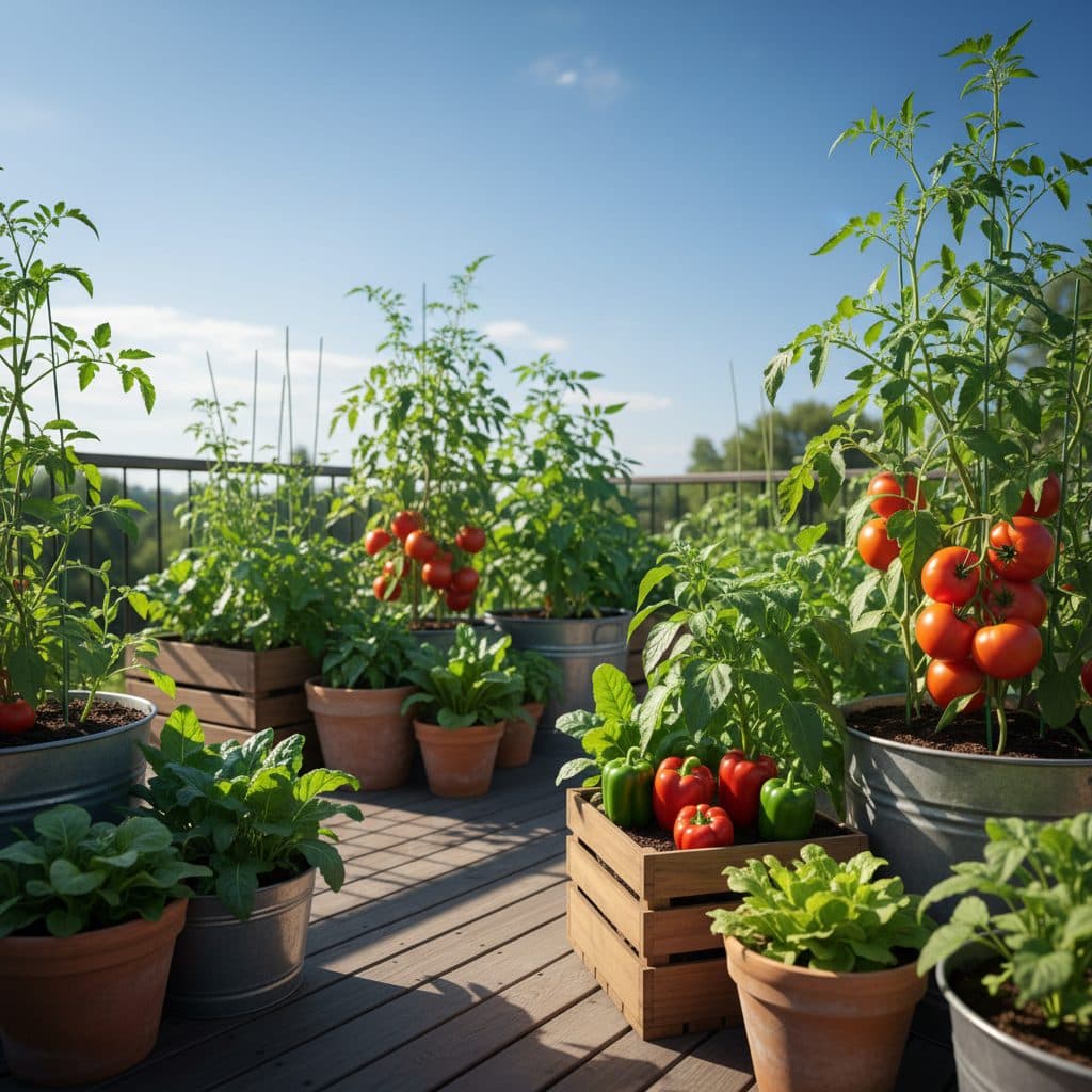 Various vegetables thriving in different sized containers on a sunny patio, including tomatoes, peppers, and leafy greens.
