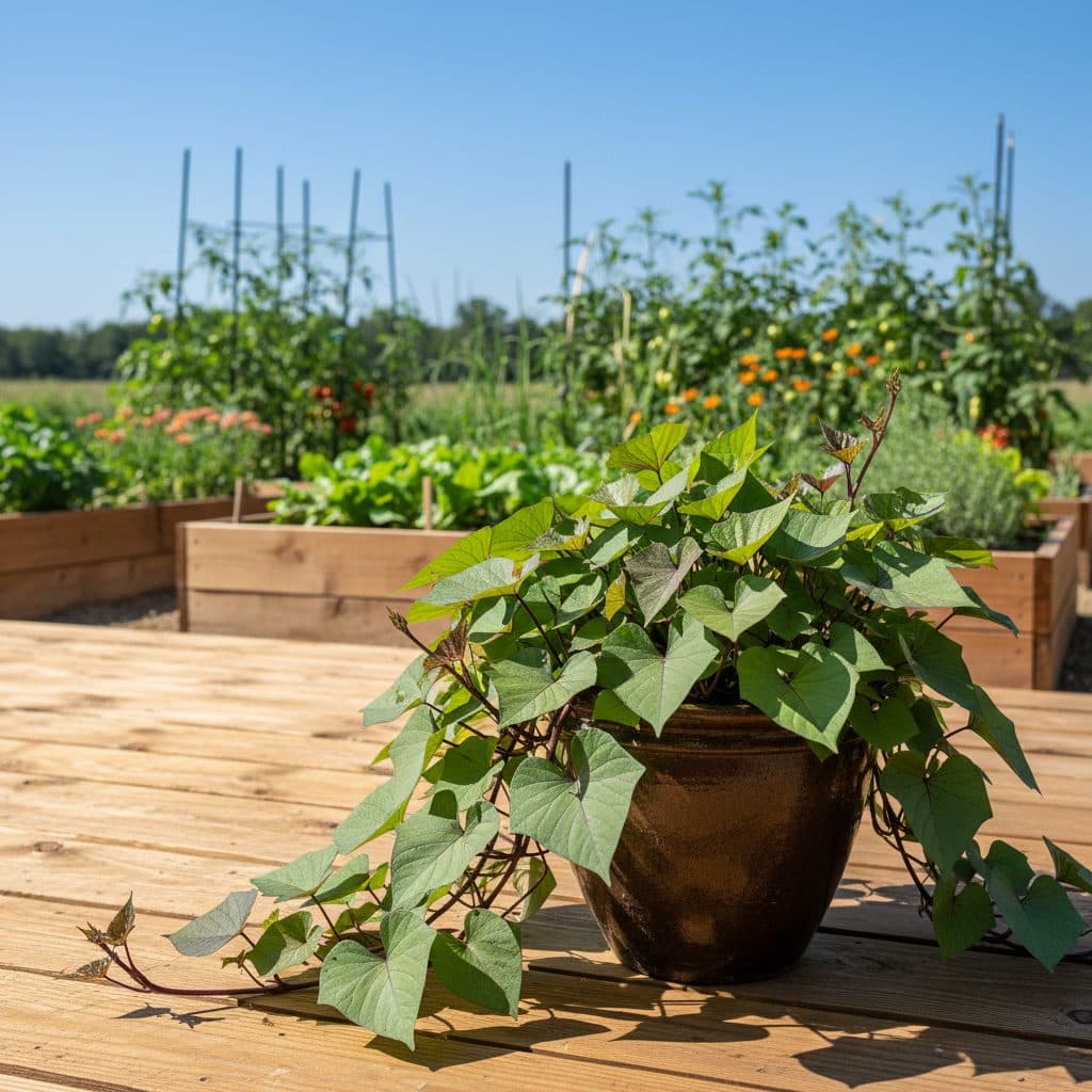 Sweet potato plant growing in a container on a deck in a northern US garden.
