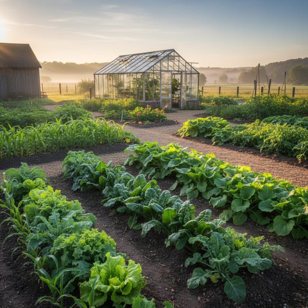 A diverse homestead garden showing cool-season greens and warm-season plants thriving in different sections, with a small greenhouse.