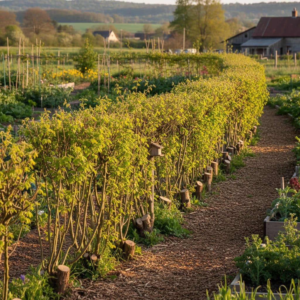 A vibrant coppice hedge of hazel and willow in a permaculture garden, with new growth ready for harvest.