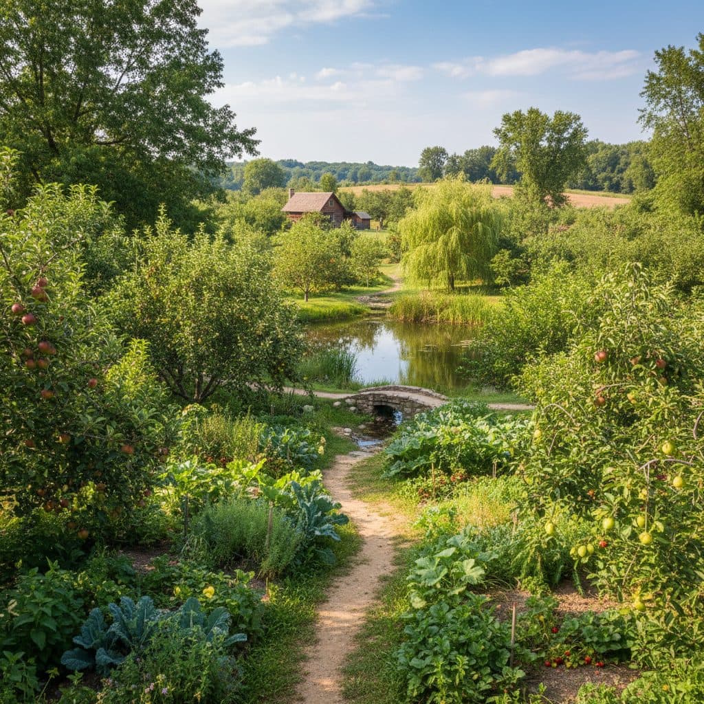 A thriving permaculture food forest on a US homestead, with diverse support trees and fruit trees.