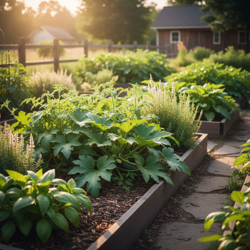 A vibrant organic sweet corn field at dawn on a US homestead, with dew-kissed leaves and mature ears ready for harvest, a rustic barn visible in the distance.