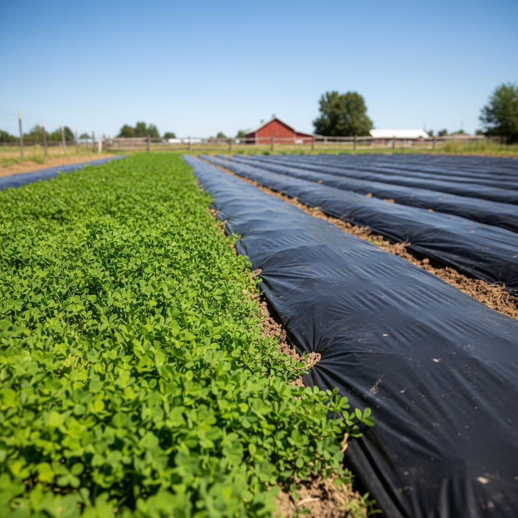 A black tarp covering a section of a field, with a vibrant green cover crop growing in an adjacent area, illustrating the transition from cover cropping to occultation on a US farm.