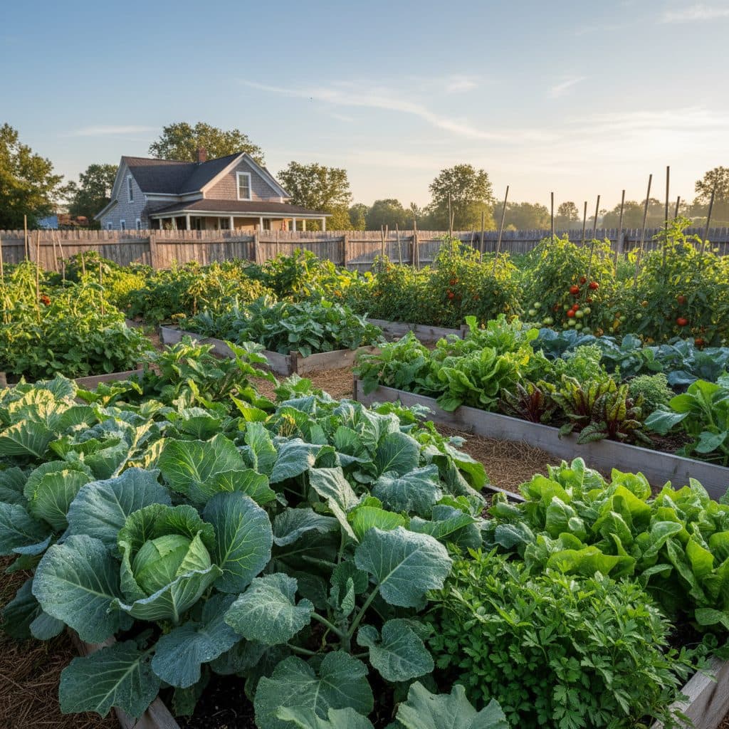 A thriving organic vegetable garden in a US homestead, showcasing healthy plants and no visible pest damage, with morning dew glistening on the leaves.