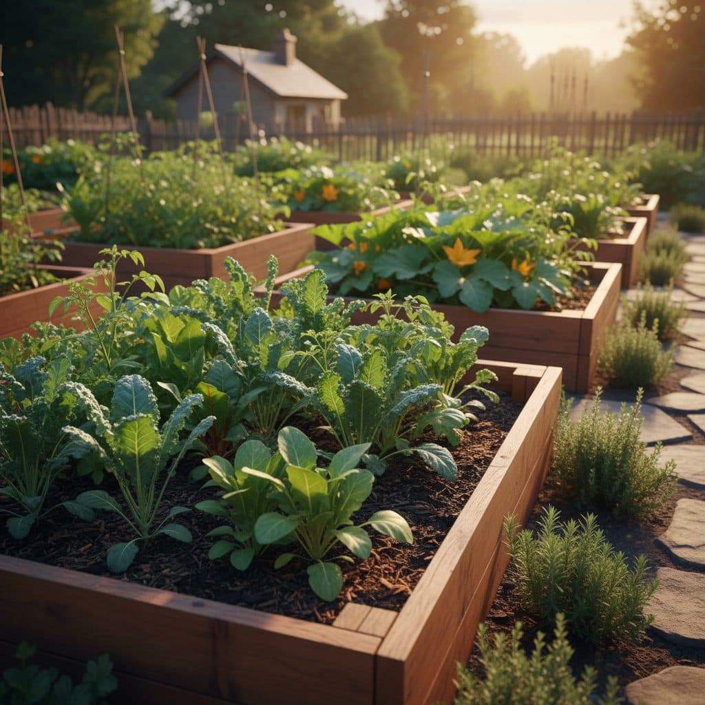 A diverse farm field at sunrise, showing annual crops, a green cover crop, and distant fruit trees.