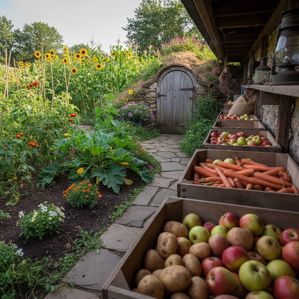 Interior of a rustic root cellar with wooden crates of stored vegetables and fruits