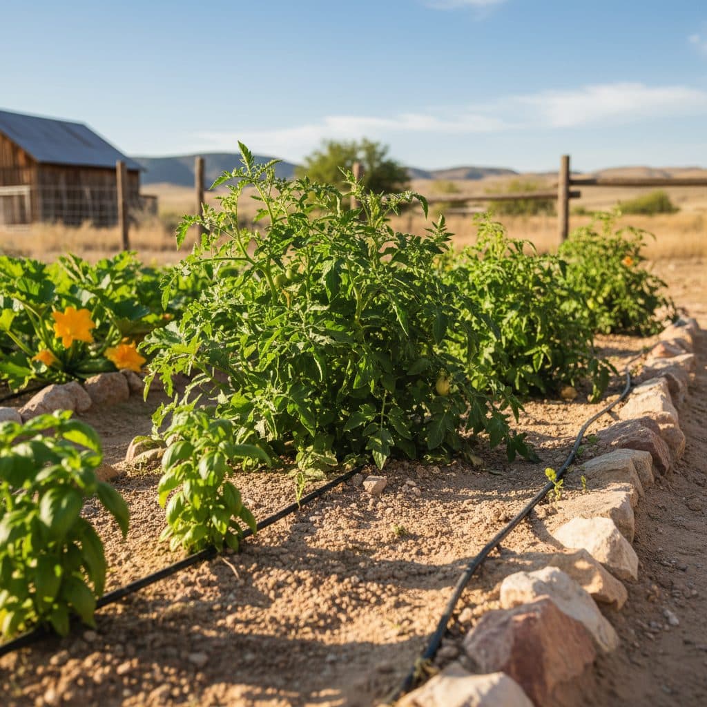 a lush vegetable garden in raised beds on a sunny US homestead, demonstrating successful growing in sandy, rocky soil