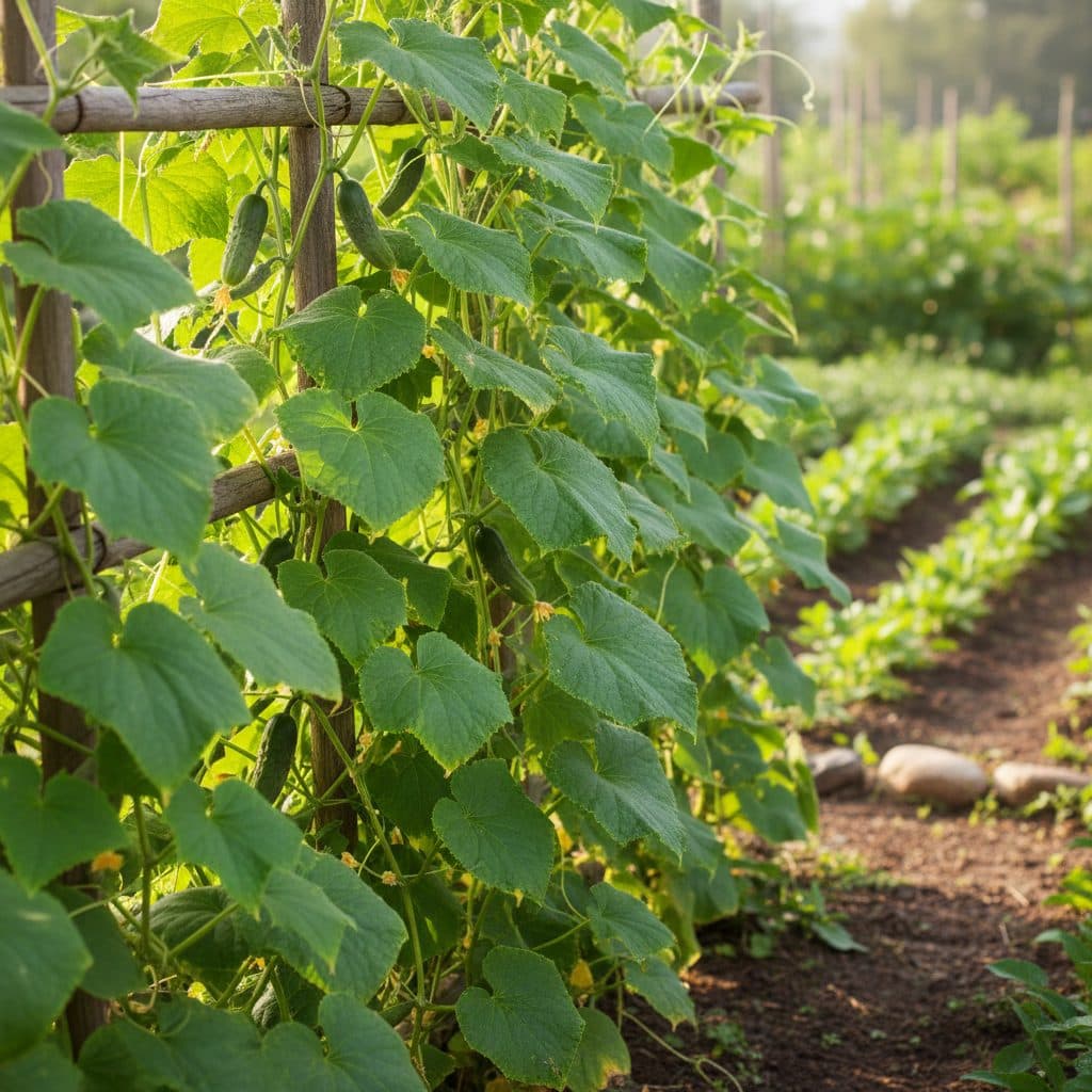 Healthy cucumber vine growing on a trellis in an organic garden.