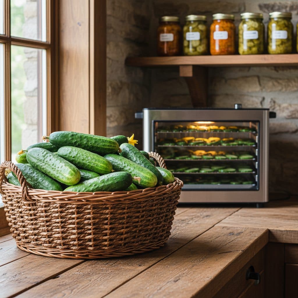 A rustic kitchen counter with a large basket of fresh cucumbers, a dehydrator, and jars of fermented relish