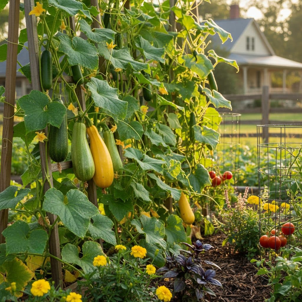 A lush home garden with trellised cucumber and zucchini plants, green leaves, and ripe vegetables.