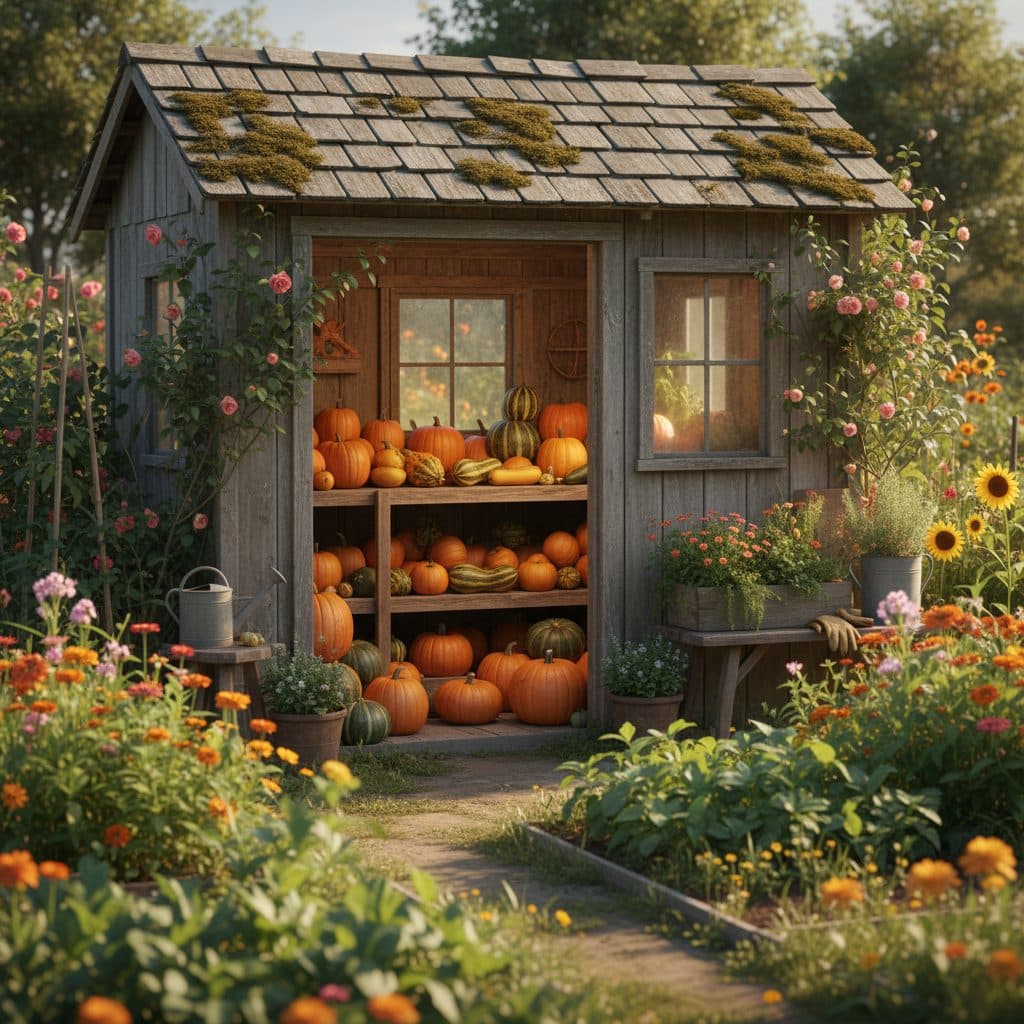 A rustic shed interior with shelves full of cured winter squash and pumpkins