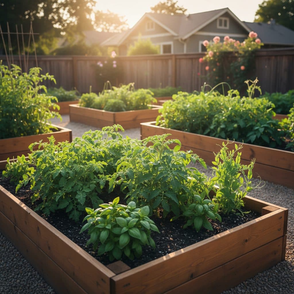 A peaceful US homestead garden with rows of young vegetable plants, a small shed in the background, and a clear blue sky, no people present.