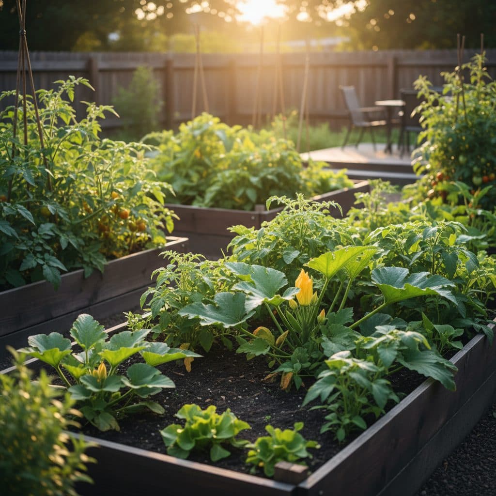 A peaceful morning view of healthy green vegetable seedlings in trays inside a small, clear greenhouse on a US homestead.