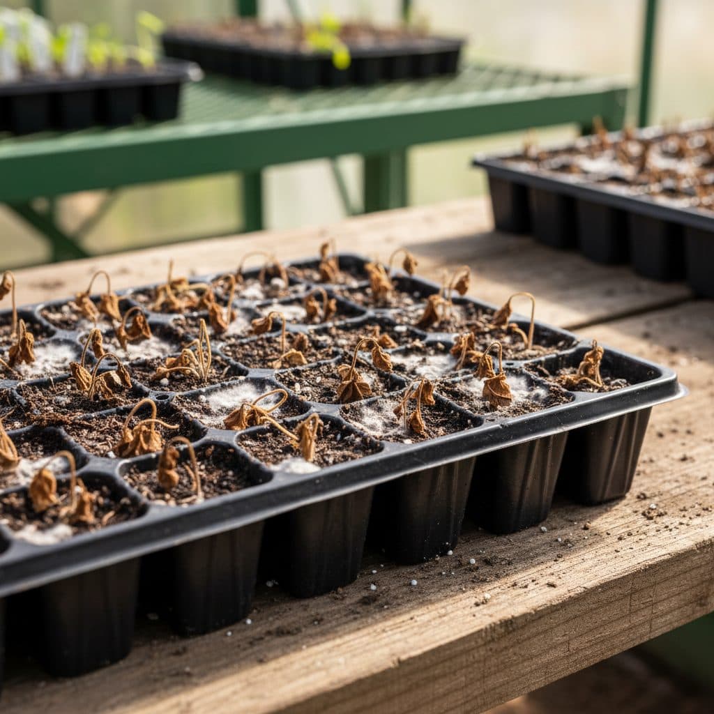 Collapsed seedlings in a propagation tray, showing signs of damping-off disease with fuzzy mold.
