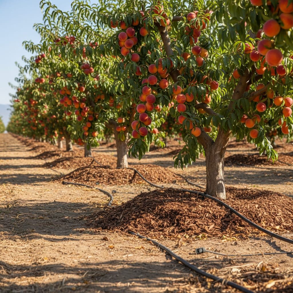 A well-maintained fruit orchard with deep-watered trees, drip lines, and mulch under a bright summer sky.