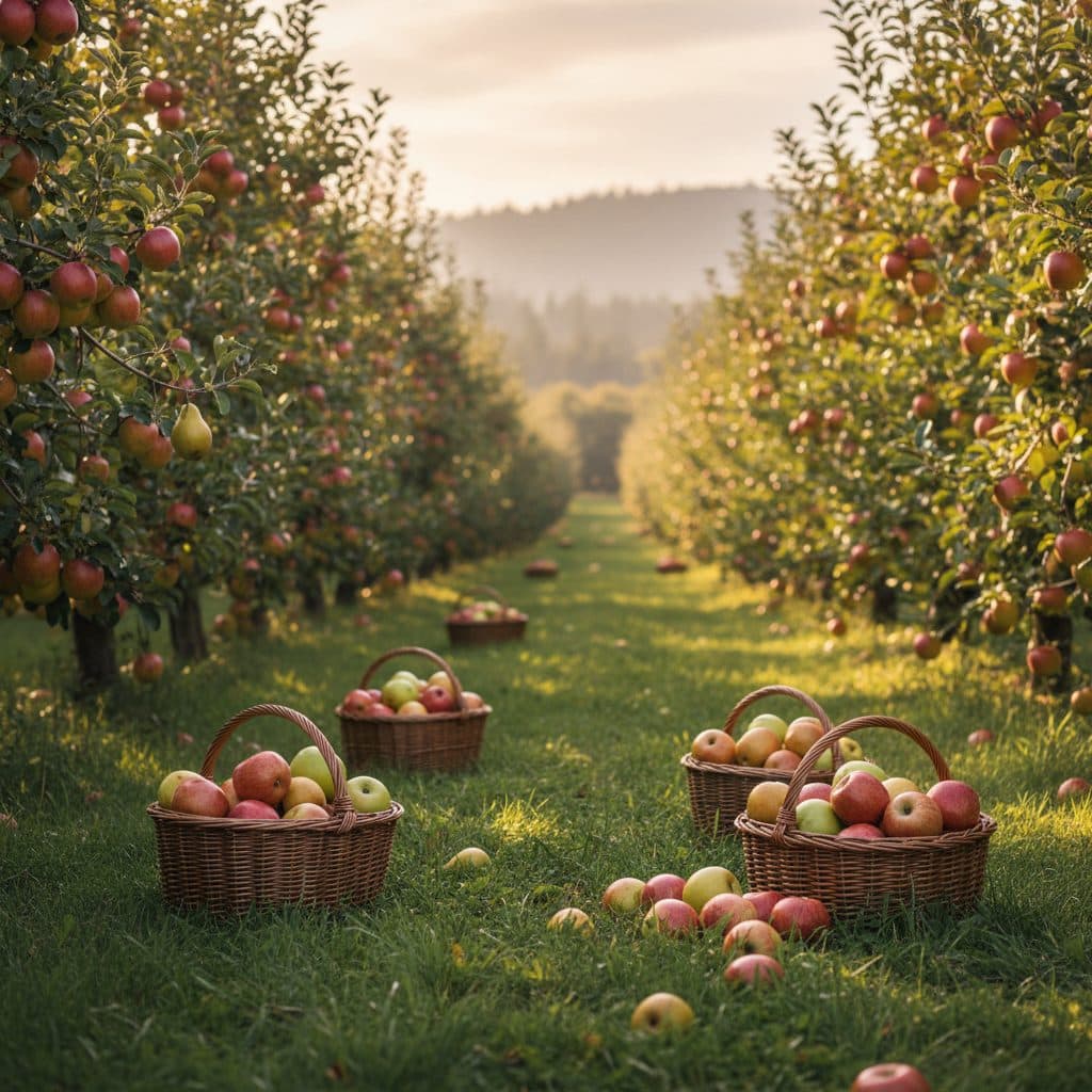 An orchard scene in the Pacific Northwest with apple and pear trees laden with fruit, harvest baskets on the ground.