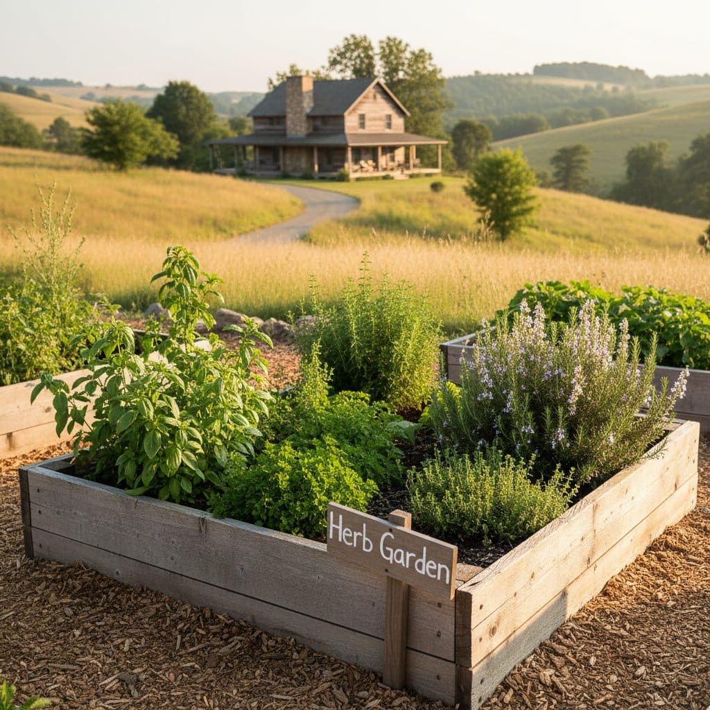 A flourishing raised herb garden with peppermint, fennel, ginger, and chamomile plants under a clear sky in a US homestead.