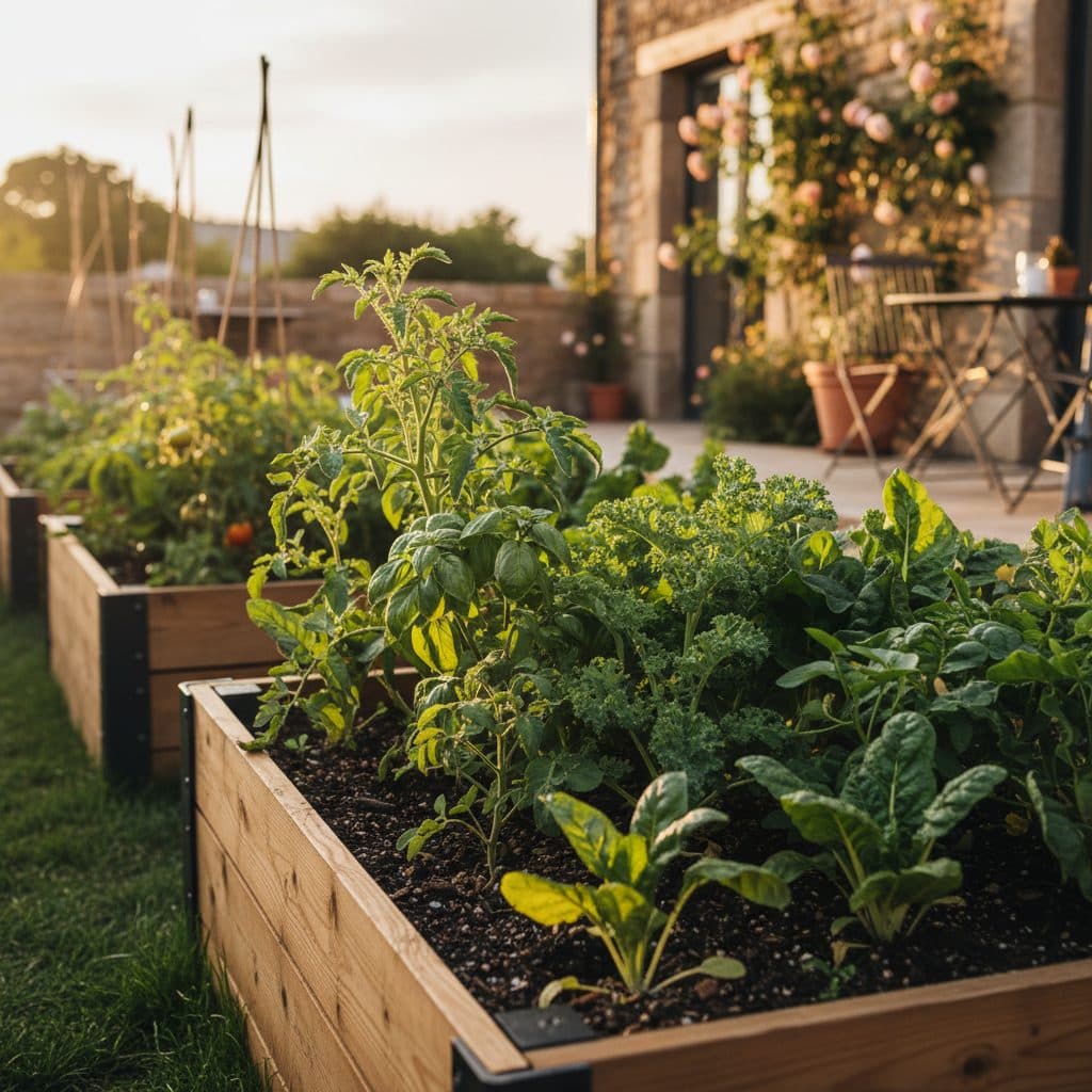 Rows of young vegetable seedlings thriving in a well-maintained raised garden bed on a sunny morning.