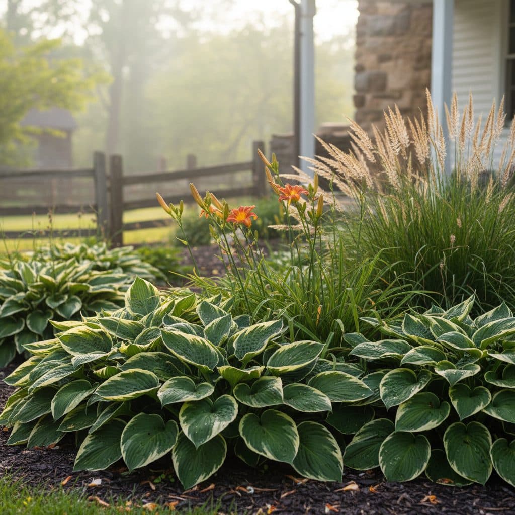 A serene US homestead garden in late spring, showcasing lush hostas, budding daylilies, and established ornamental grasses under soft morning light.
