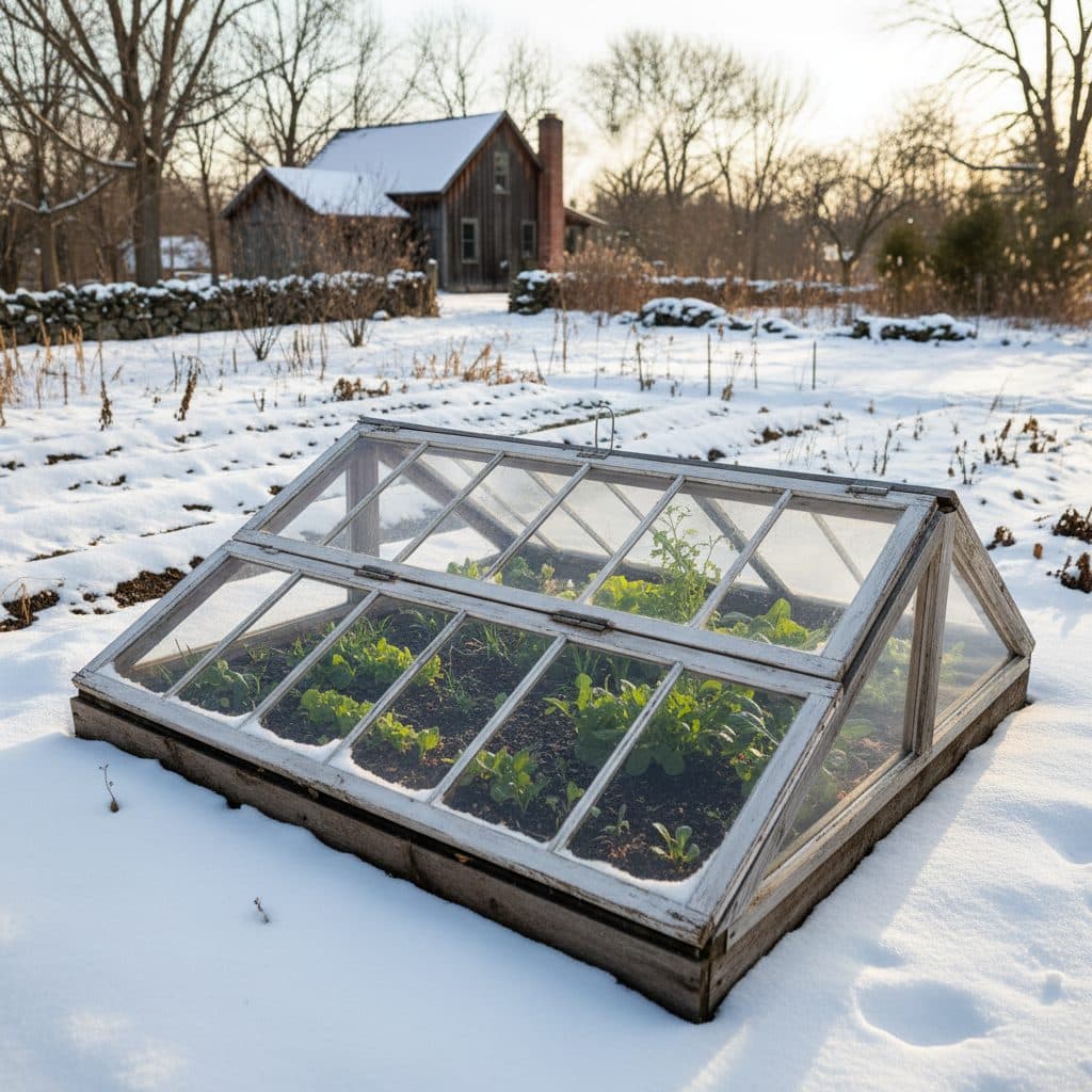 A homemade cold frame in a snowy US garden, made from old windows and wood, catching low winter sun.
