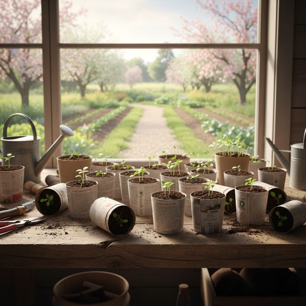 A rustic workbench with DIY seed-starting pots made from recycled materials, holding young green seedlings.