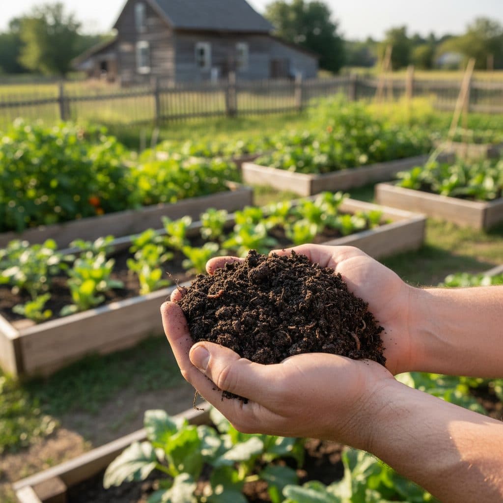A gardener's hands holding a handful of dark, rich soil in a sunny US homestead garden.
